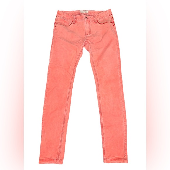Free People Womens Orange Peach Corduroy Ankle Pants Floral Embroidered Size 27 - Picture 2 of 9